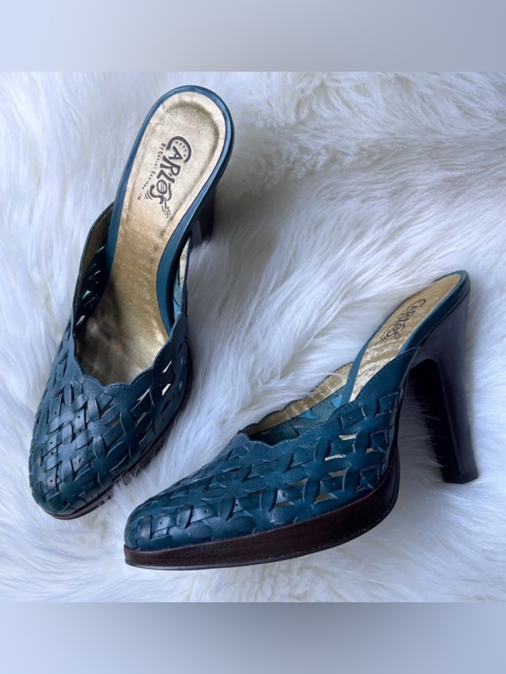Carlos by Carlos Santana Teal Woven Leather High Heel Slip-On Mules